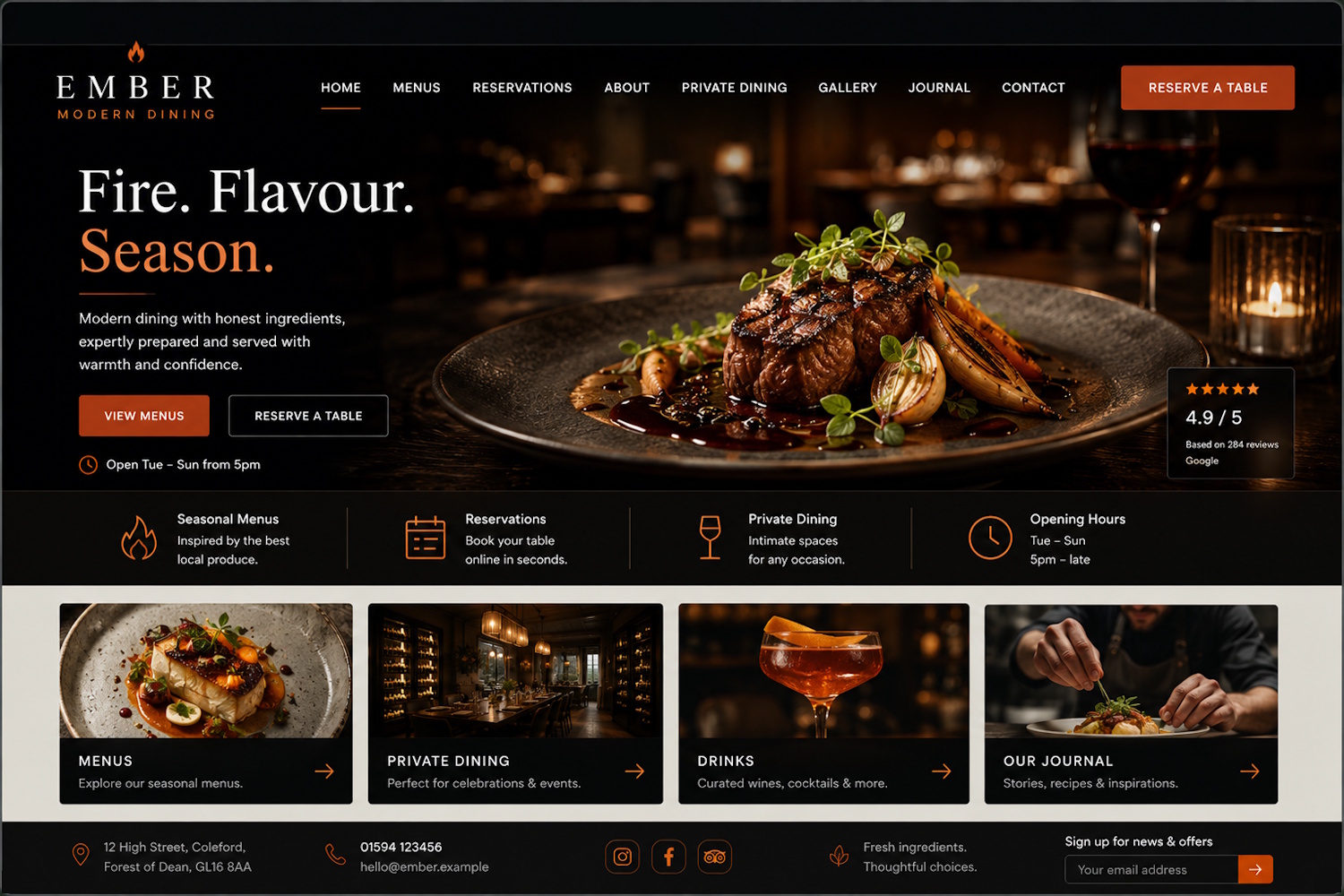 Ember modern dining website concept showing a premium restaurant homepage and reservation journey