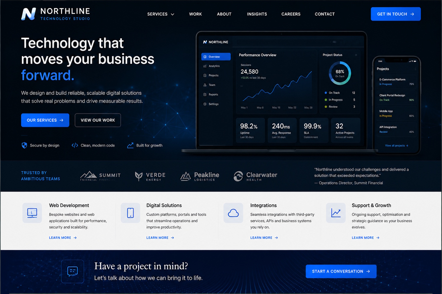Northline technology studio website concept showing a modern B2B technology homepage and dashboard